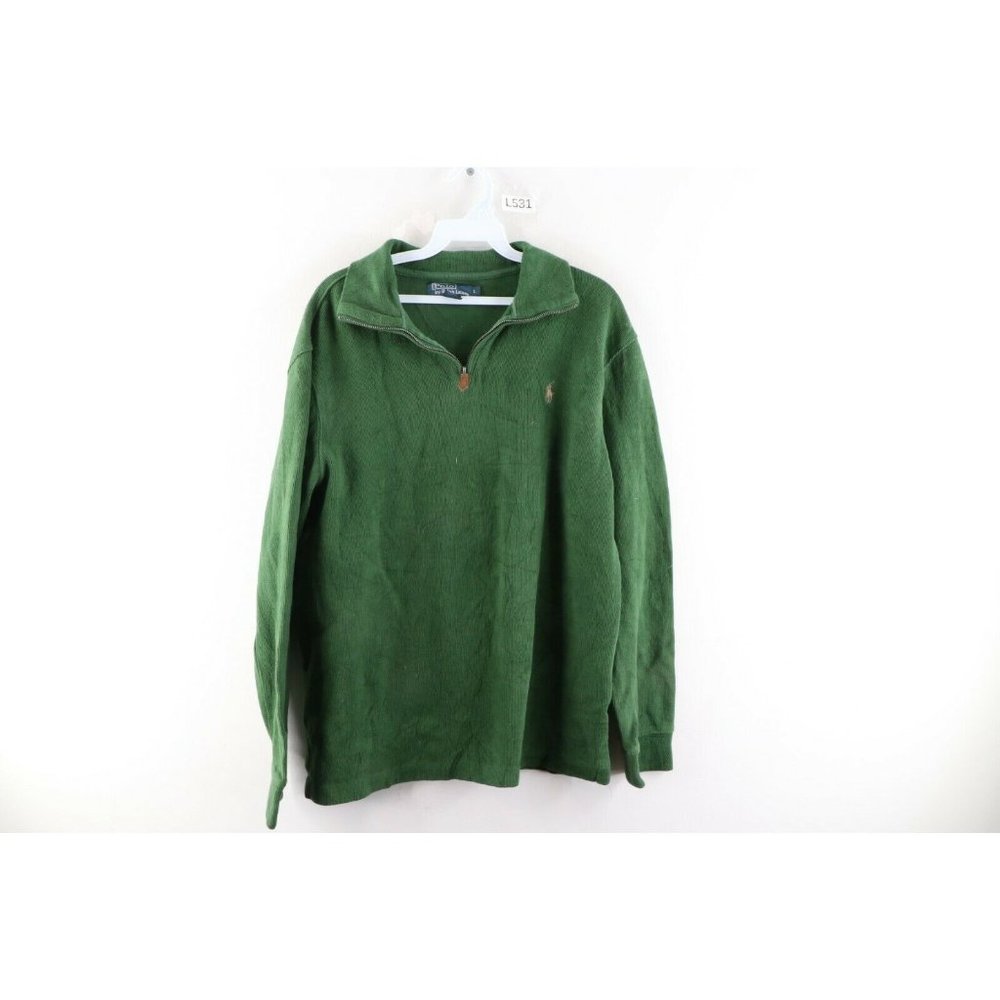 Vintage Ralph Lauren Mens Large Faded Cotton Ribbed Knit Half Zip Sweater Green